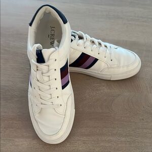 J. Crew women’s White Sneakers with Purple and navy stripes.

Worn several times